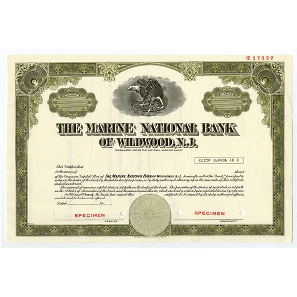 NJ. Marine National Bank of Wildwood, 1973 Specimen Stock Certificate