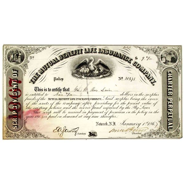 NJ. Mutual Benefit Life Insurance Co., 1867 $9.90 I/C Scrip Dividend, Fine-VF