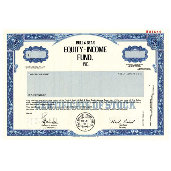 NY. Bull & Bear Equity-Income Fund, Inc., 1983. Specimen Stock Cert., XF-AU