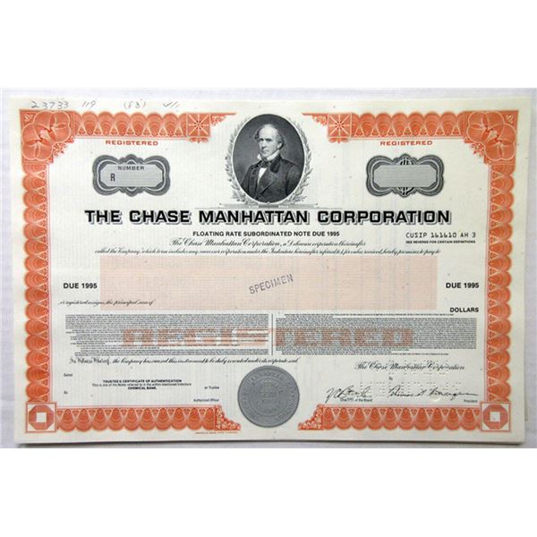 NY. Chase Manhattan Corp., 1983. Specimen Floating Rate Registered Bond XF ABN Orange