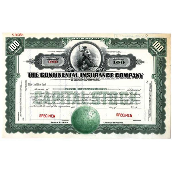NY. Continental Insurance Co. 1920-30's Specimen Stock Certificate