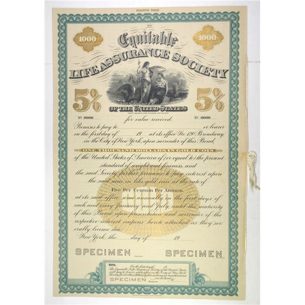 NY. Equitable Life Assurance Society, 1900s $1000 Specimen 5% Gold Coup Bond, VF