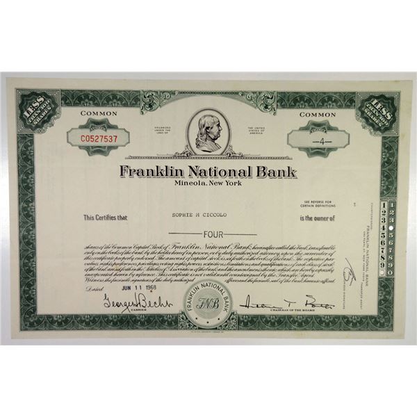 NY. Franklin National Bank, 1968 4 Shrs I/U Stock Certificate, XF