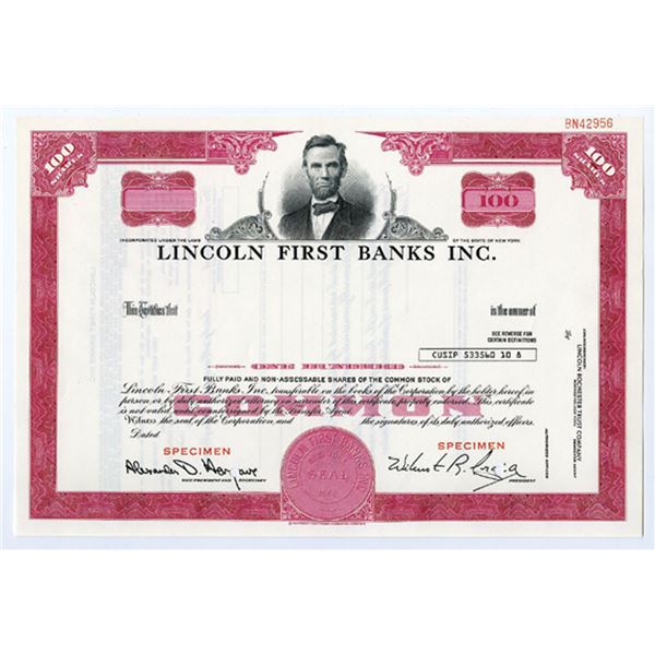 NY. Lincoln First Banks Inc., 1980s 100 Shrs Specimen Stock Certificate, XF