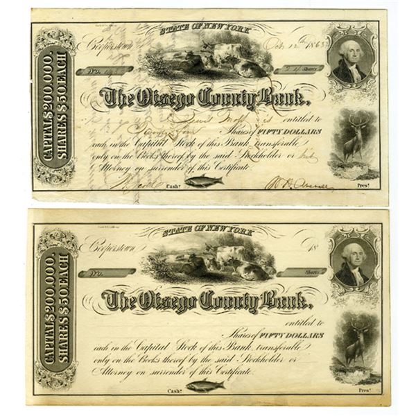 NY. Otsego County Bank, 1863, I/C and U/U Stock Certificate Pair.