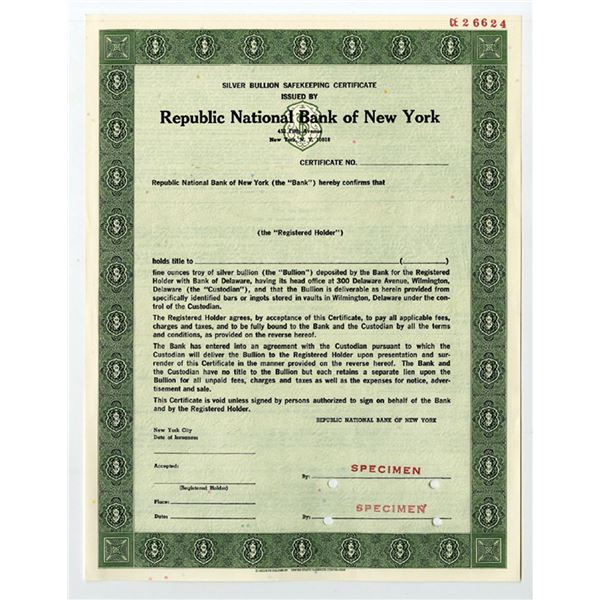 NY. Republic National Bank of New York, 1970s Silver Bullion Specimen Cert.- Green