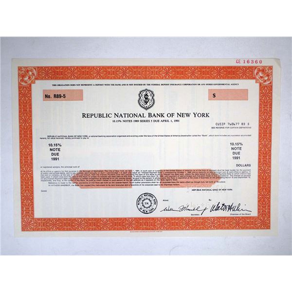 NY. Republic National Bank of New York, 1989. 10.15% Specimen Bond. XF-AU. SCBNC
