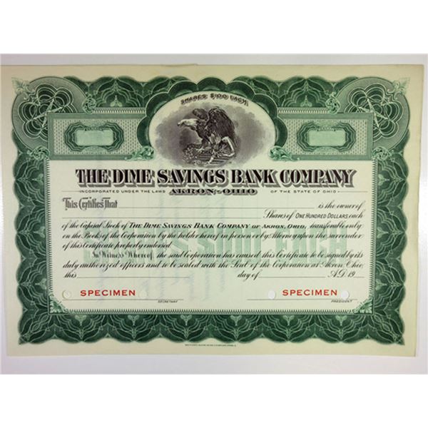 OH. Dime Savings Bank Co 1900-1910 Specimen Stock Cert XF Green SBN