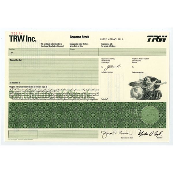 OH. TRW Inc., 1980s Specimen Stock Certificate, XF
