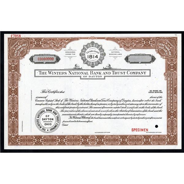 OH. Winters National Bank and Trust Co., ca.1950-1960 Specimen Stock Certificate
