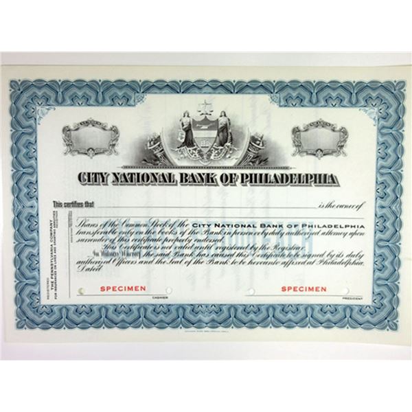 PA. City National Bank of Philadelphia, 1910-20 Specimen Stock Cert XF Blue SBN