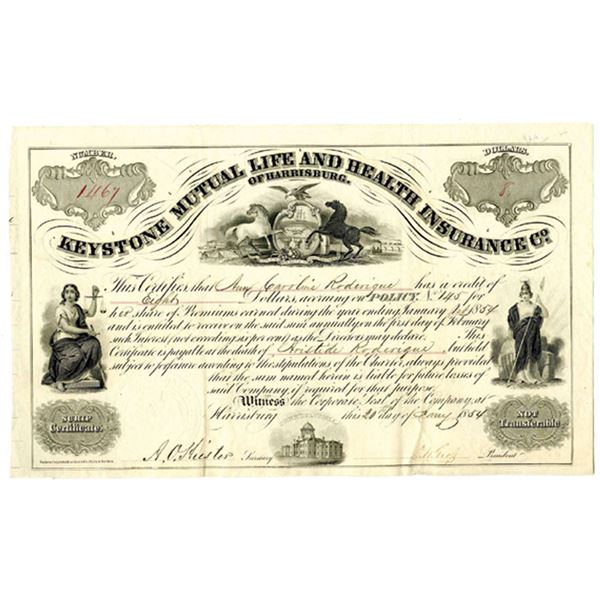PA. Keystone Mutual Life and Health Insurance Co., of Harrisburg, 1854 Scrip Certificate