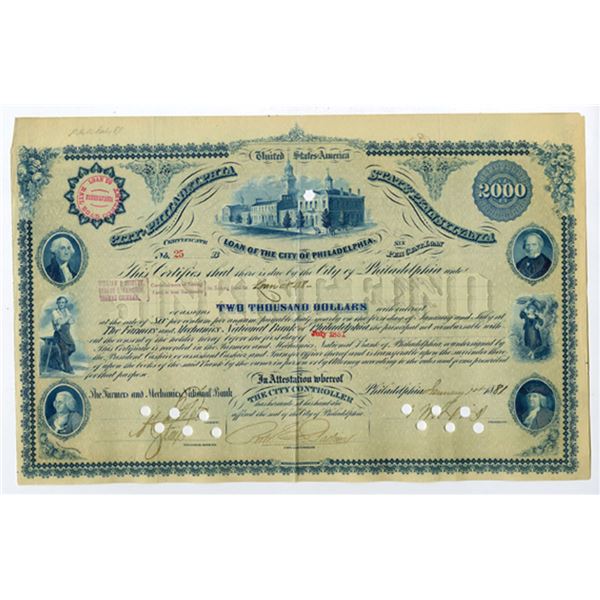 PA. Loan of the City of Philadelphia, 1881. $2000 I/C 6% Loan, Fine-VF condition