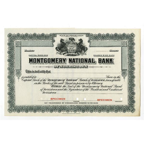PA. Montgomery National Bank of Norristown 1910-30 Specimen Stock Cert. XF SBNC
