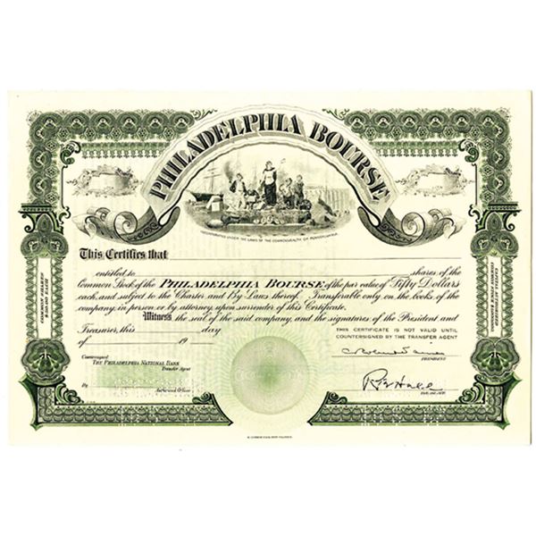 PA. Philadelphia Bourse, 1920-40s Odd Shrs Specimen Stock Cert. Unc EA WBN Green