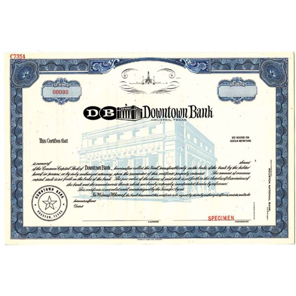 TX. Downtown Bank, 1960s Odd Shrs Specimen Stock Cert., VF-XF ABN Blue