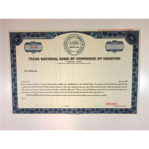 TX. Texas National Bank of Commerce of Houston 1930-50 Specimen Stock Cert Unc ABN