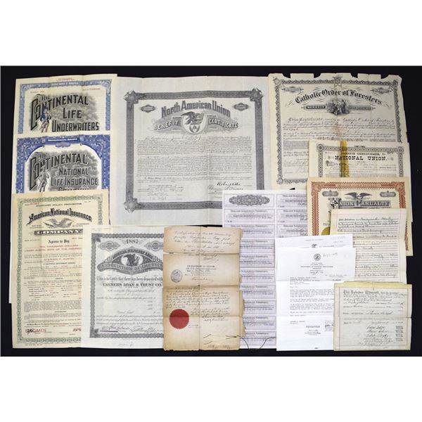 Life Insurance & Benefit Collection of Stock Certificates, Policies, and Ephemera, ca. 1880s to 1960