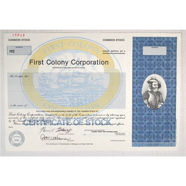 VA. First Colony Corp., 1993 Odd Shrs Specimen Stock Certificate, VF ABNC