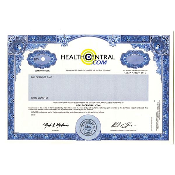 HealthCentral.Com, 1999 Odd Shrs Common Stock Specimen Cert, XF S-C USBNC