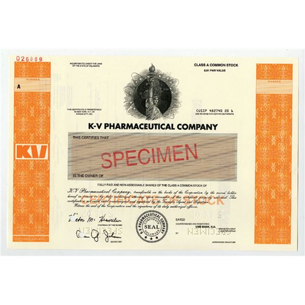 K-V Pharmaceutical Co., 2007. Specimen Stock Cert. XF-AU. ABNC