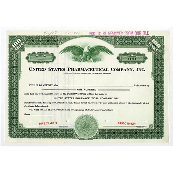 United States Pharmaceutical Co. Inc., 1958 100 Shrs Specimen Stock Cert -Green
