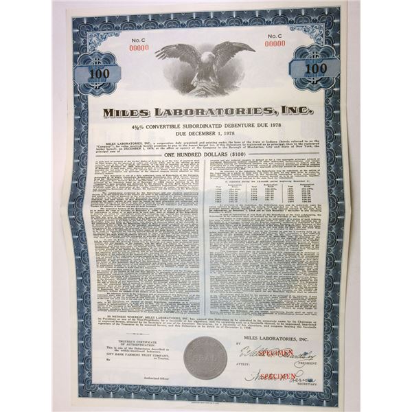 Germany & IN. Miles Laboratories, Inc. 1958 Specimen $100 Coupon Bond VF ABN.