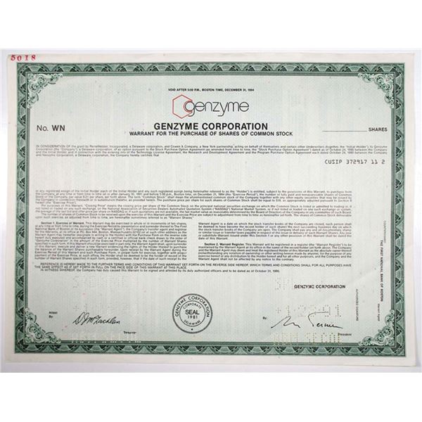 MA. Genzyme Corp., 1991 Odd Shares Specimen Stock Certificate, VF ABNC