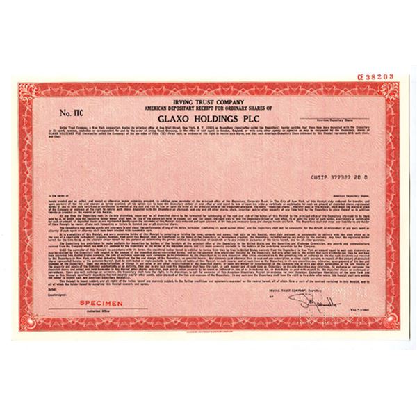 Glaxo Holdings PLC, 1985 Specimen ADR Stock Certificate, VF SCBN