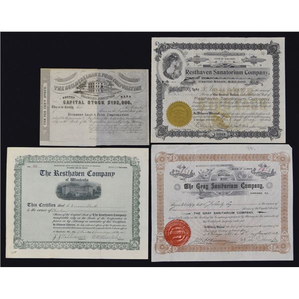IL. WI. Midwestern American Sanatorium and Health Resort Stock Certificate Quartet, 1892 to 1907
