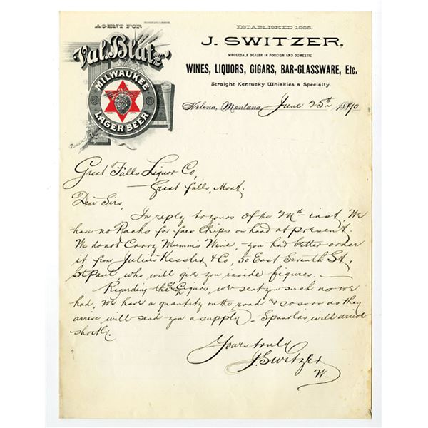 WI & MT. . Val Blatz Milwaukee Lager Beer, J. Switzer wholesale dealer in liquors letter to Great Fa