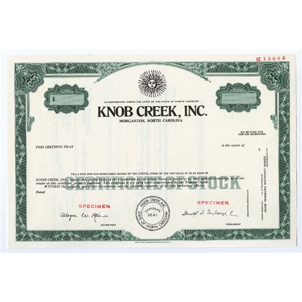 NC. Knob Creek, Inc., 1960s Odd Shrs Specimen Stock Certificate, XF SCBN Green