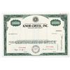 Image 1 : NC. Knob Creek, Inc., 1960s Odd Shrs Specimen Stock Certificate, XF SCBN Green