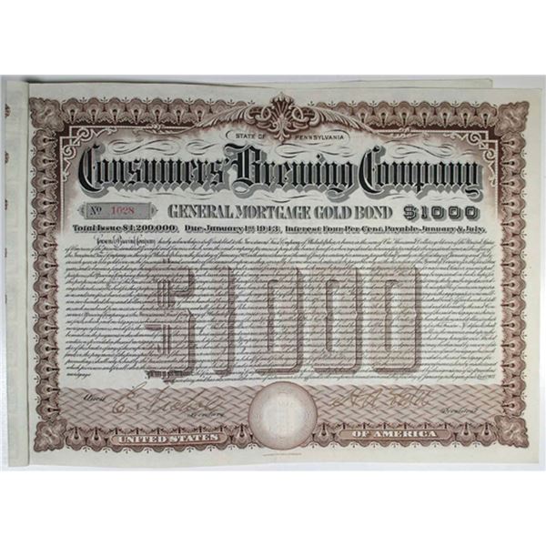 PA. Consumers Brewing Co., 1903 $1000 I/U 4% Gold Coupon Bond, VF-XF Brown