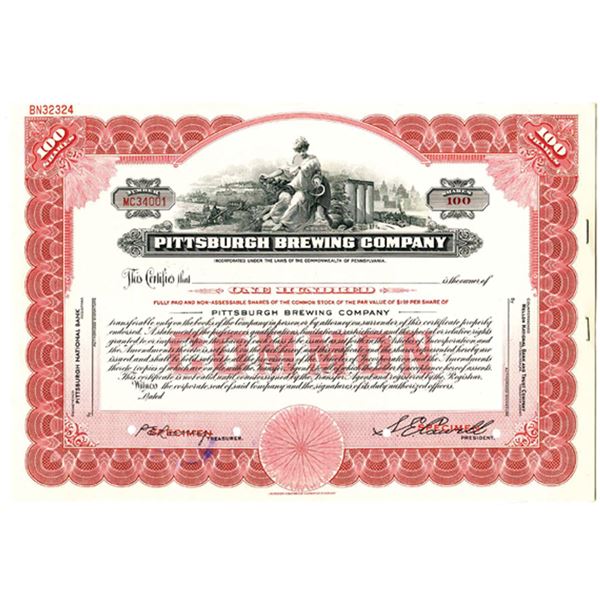 PA. Pittsburgh Brewing Co., 1930s 100 Shrs Specimen Stock Cert., VF SCBN Red