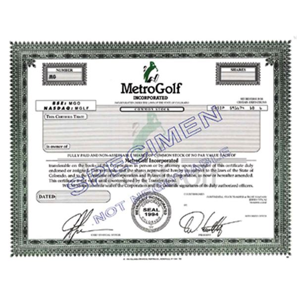 CO. MetroGolf Inc., ca.1990-2000 Specimen Odd Shares Stock Certificate Unc.