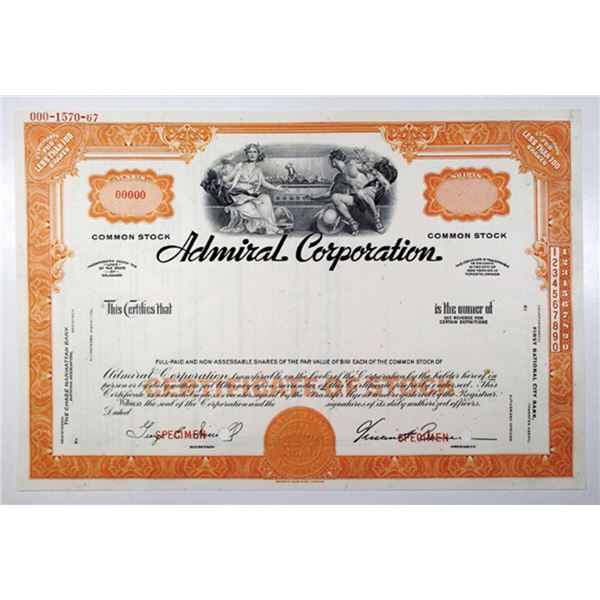 Admiral Corp., 1950s <100 Shrs Specimen Stock Cert., VF-XF ABN Orange