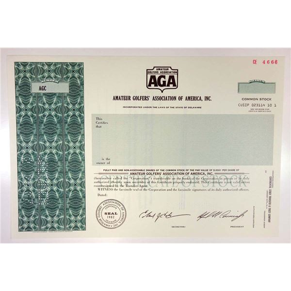 Amateur Golfers' Assoc. of America, Inc., 1987 Odd Shrs Specimen Stock Cert, XF