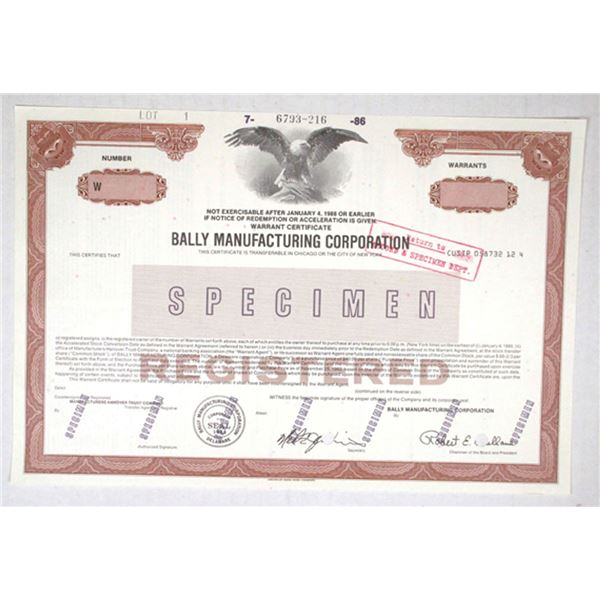 Bally Manufacturing Corp., 1986 Odd Shrs Specimen Registered Warrant Cert
