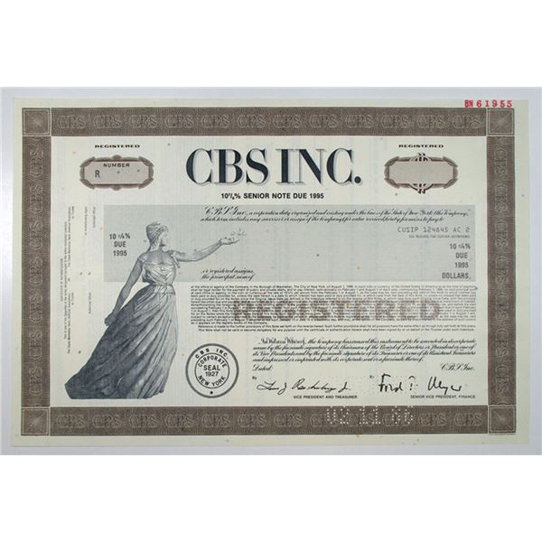 CBS Inc., 1986 $Odd Specimen 10 7/8% Registered Senior Bond, VF USBN