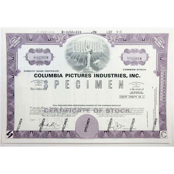 Columbia Pictures Industries 1969 <100 Shares Specimen Stock Cert XF ABN