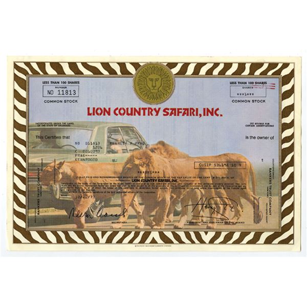 Lion Country Safari, Inc., 1973, I/U Stock Certificate