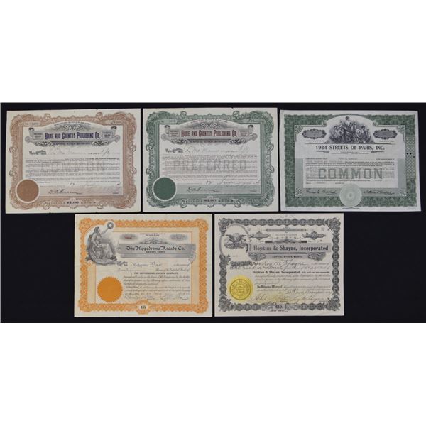 IL. OH.,  Publishing, Entertainment, and Theatre I/U Stock Certificate Quintet, 1914 to 1934.