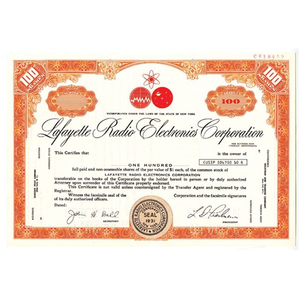 NY. Lafayette Radio Electronics Corp., 1976 100 Shrs Specimen Stock Cert., XF