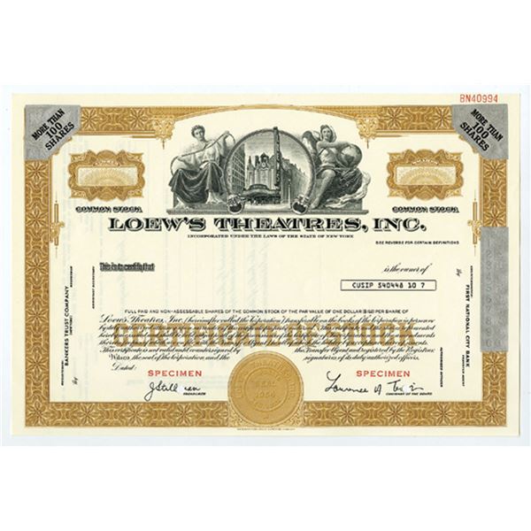 NY. Loew's Theatres, Inc., 1980s >100 Shares Specimen Stock Cert, VF SCBN