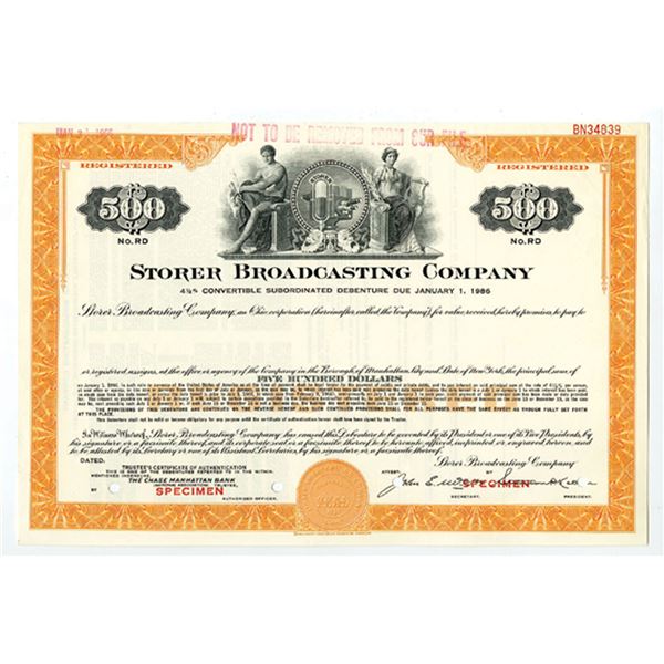 OH. Storer Broadcasting Co, 1966, $500 Registered 4 1/2% Specimen Bond, XF SCBNC