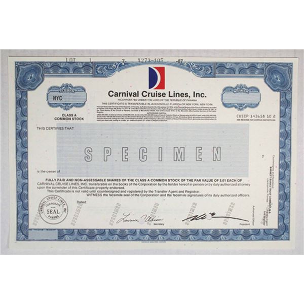 Panama. Carnival Cruise Lines, Inc., 1987. Class A Specimen Stock Cert. XF, ABNC