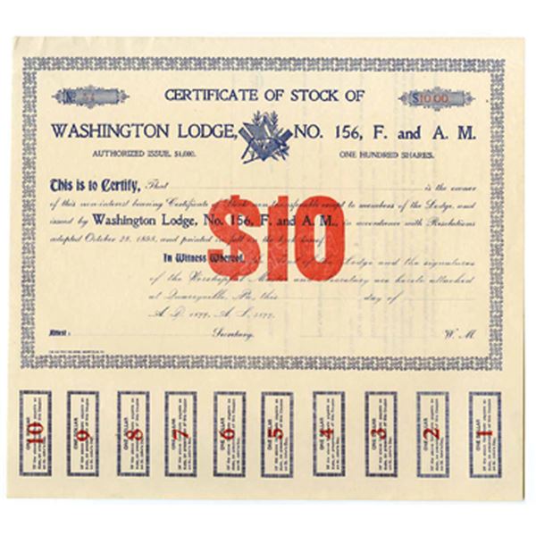 PA. MASONIC. Washington Lodge #156 F.& A.M., 1899, U/U Stock Cert., XF to AU