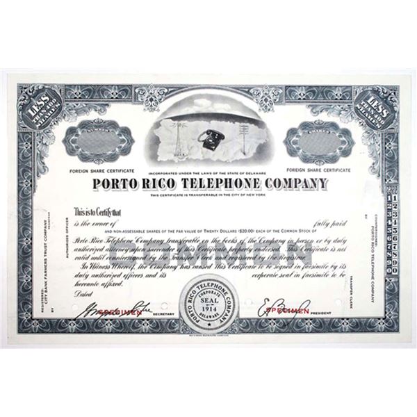 Porto Rico Telephone Co., 1950s <100 Shrs Specimen Stock Cert, VF SBN