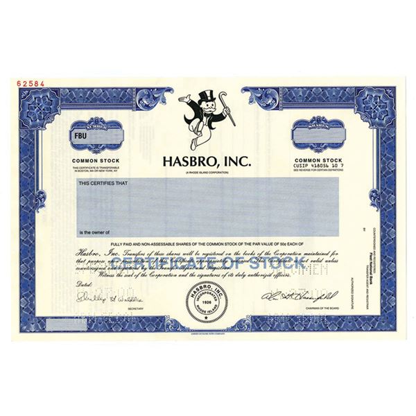 RI. Hasbro, Inc 2000 Specimen Stock Certificate odd Shrs XF ABN Monopoly & Games